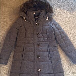 Women's Charcoal Puffer Coat with Faux Fur Trim
